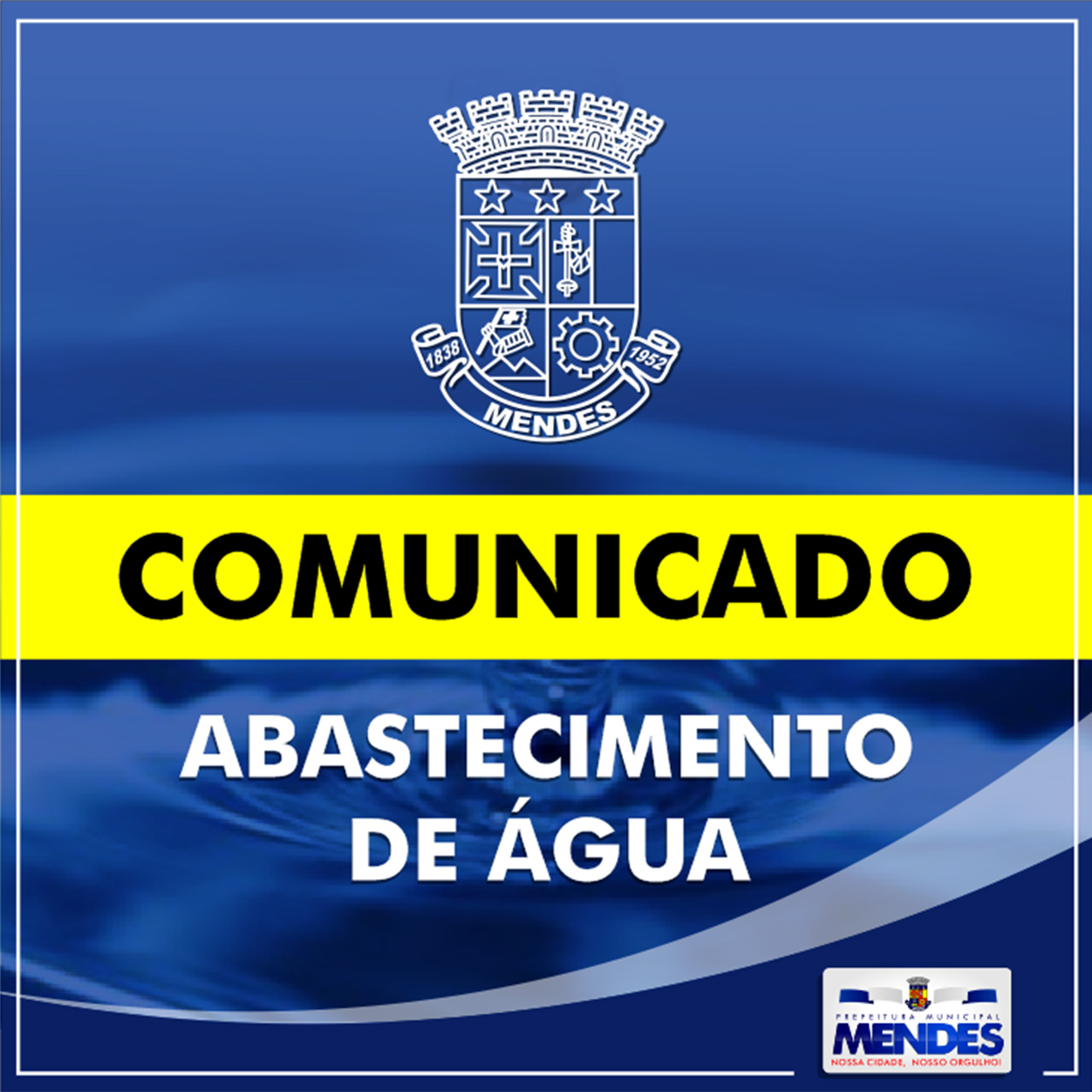 A Secretaria Municipal de Obras, Serviços Públicos e Habitação, vem notar pedir para os moradores que não desperdicem água e usem de forma consciente, pois não estamos conseguindo atender no momento a demanda de consumo, tratamento e distribuição.  Secretaria Municipal de Serviço Públicos e Habitação 